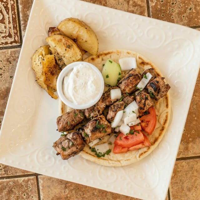 Souvlaki Pork Tenderloin Kebab Platter.
